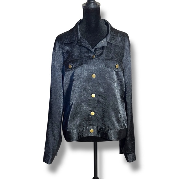 Spenser Jeremy Tops - Spenser Jeremy Black Satin Long Sleeve Gold Buttons Collared Simple Chic Shirt